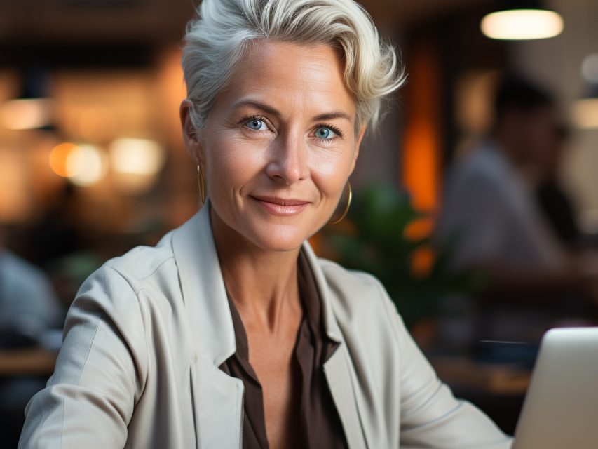 Woman in busy room working at laptop