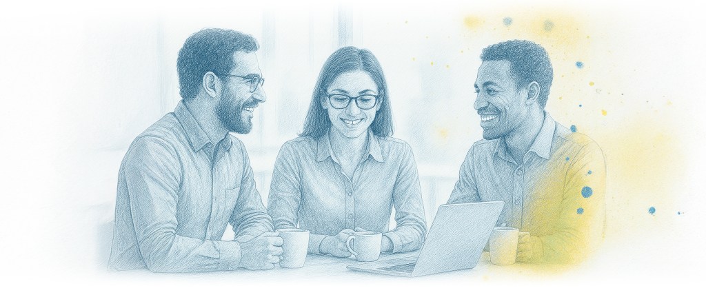 a blue and yellow sketch of three people talking with coffees and a laptop