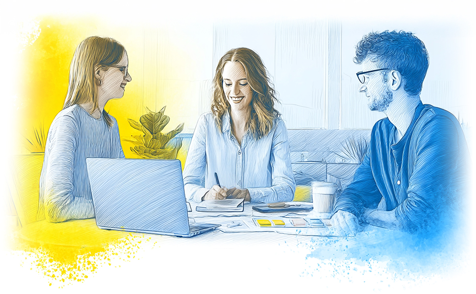 Three coworkers sitting a table with coffee, papers and a laptop.